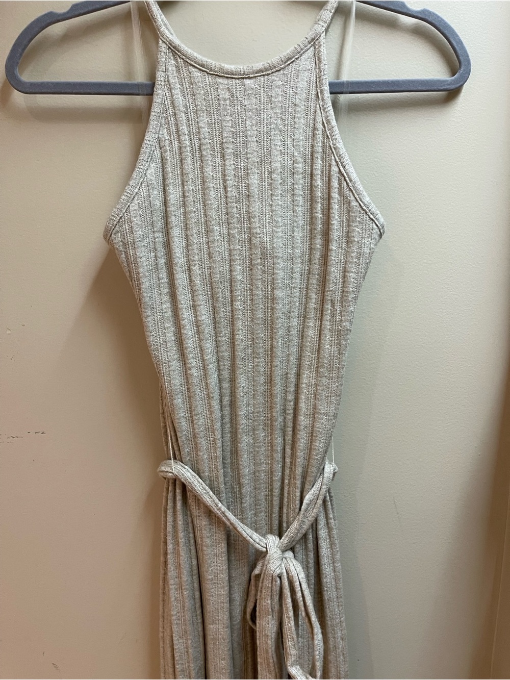 Sleeveless Ribbed Maxi Dress with Self-Tie Waist in Light Taupe
